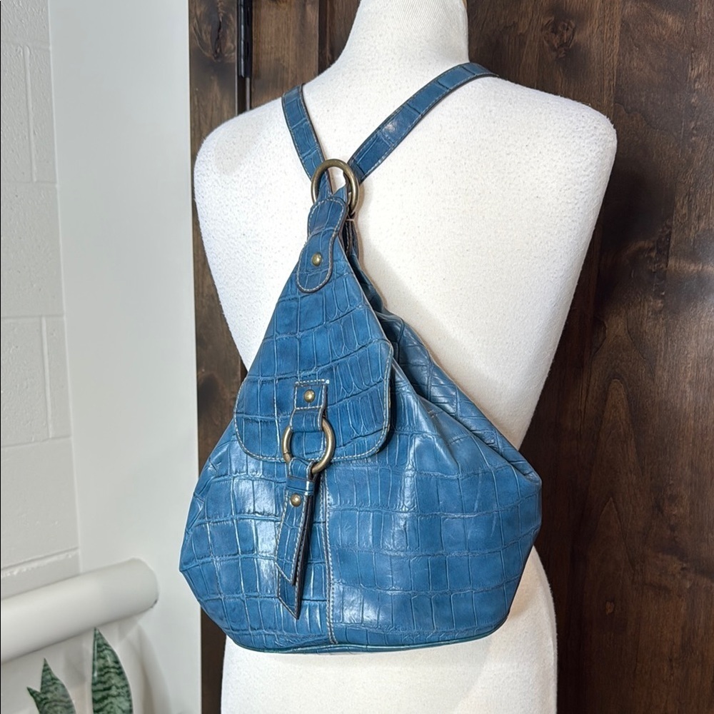 Nine West Blue Textured Women's Backpack blue alligator pattern w cheetah lining
